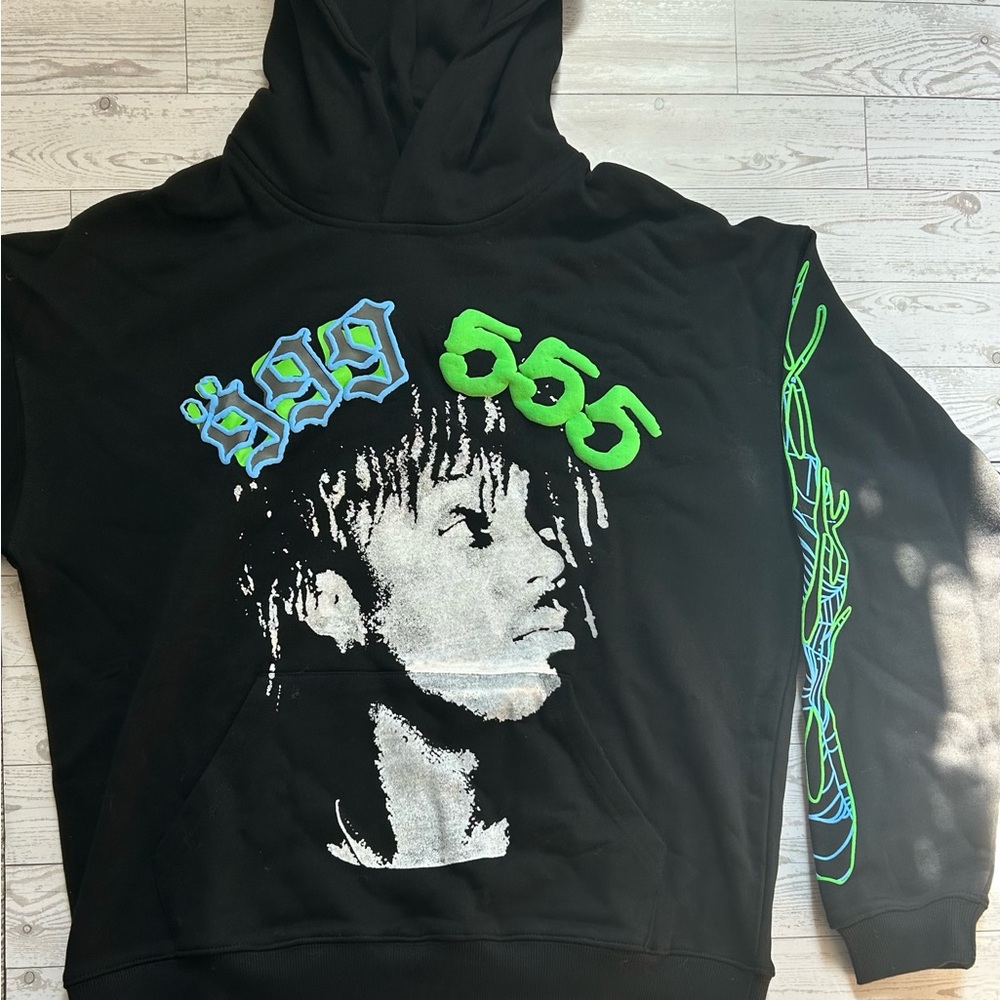 Juice Wrld Black Hoodie with Green and Blue Accents